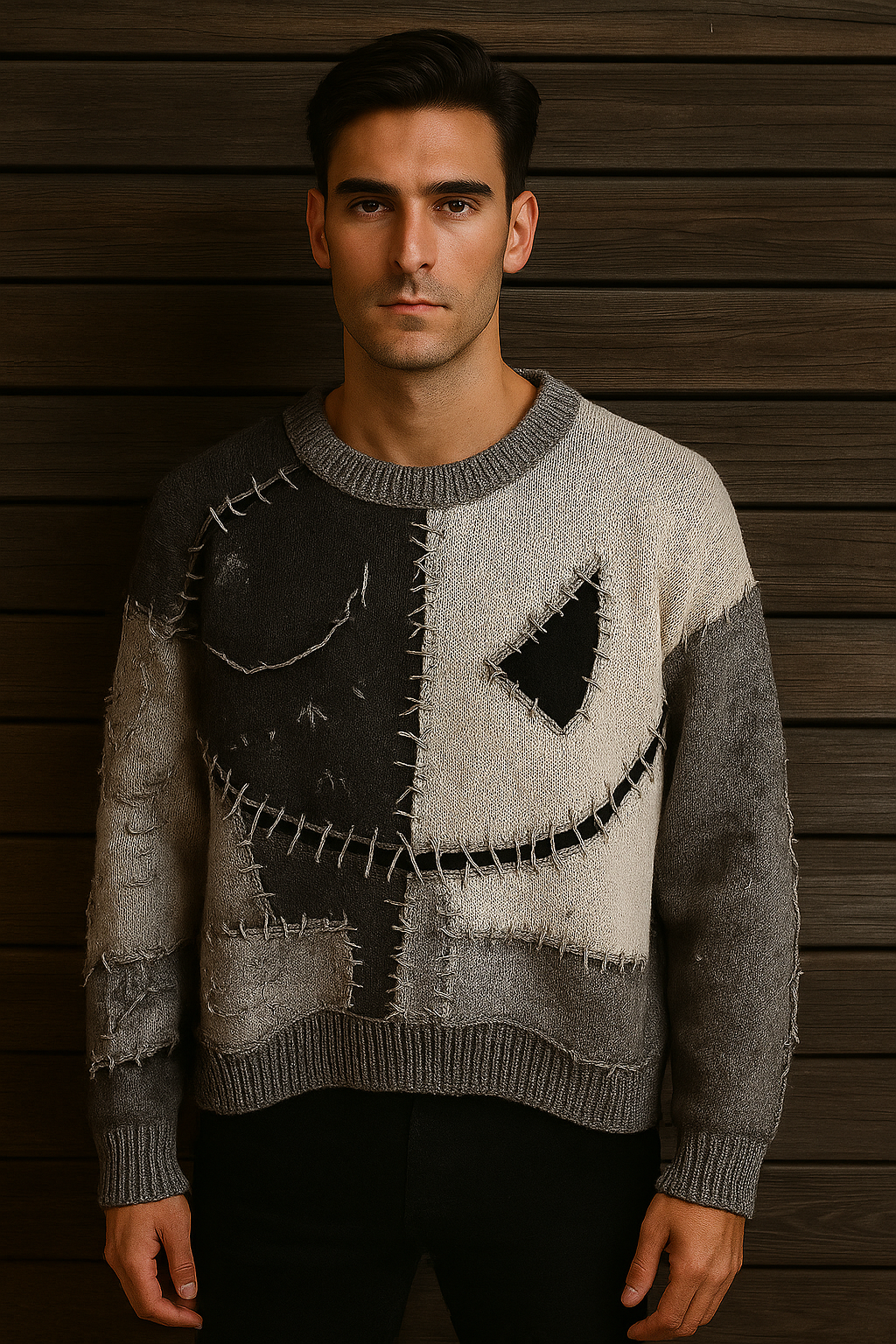 Distressed Patchwork Skull Sweater – Grunge Stitched Knit Pullover | Unisex Halloween Aesthetic | Vintage Washed Grey