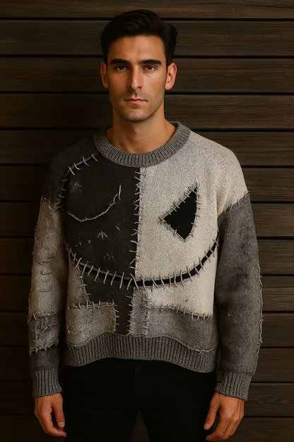 Distressed Patchwork Skull Sweater – Grunge Stitched Knit Pullover | Unisex Halloween Aesthetic | Vintage Washed Grey