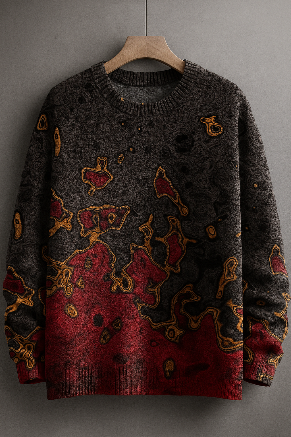 Unisex Volcanic Lava Abstract Knit Sweater – Textured Artistic Pullover (Red/Black/Gold)