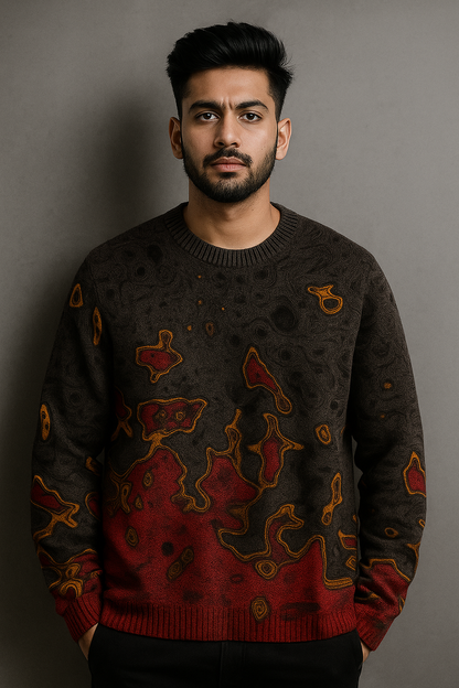 Unisex Volcanic Lava Abstract Knit Sweater – Textured Artistic Pullover (Red/Black/Gold)
