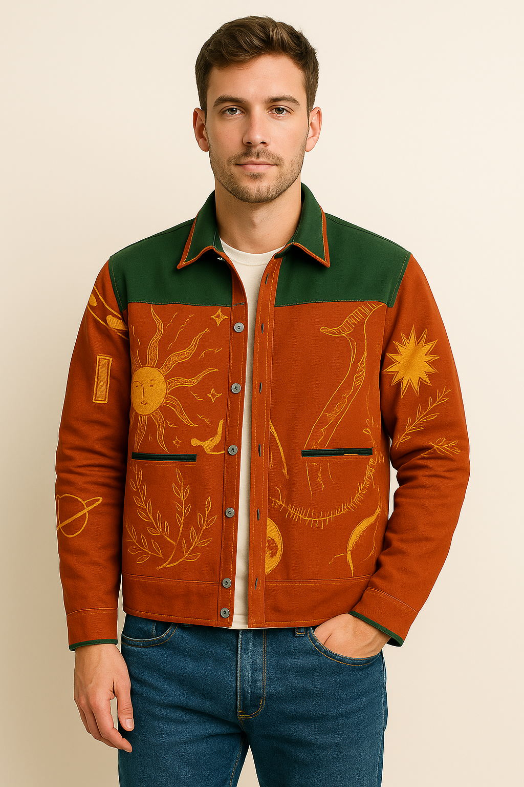 Rust & Green Cosmic Embroidered Jacket – Sun, Snake & Planet Design | Unisex Button-Up Canvas Jacket
