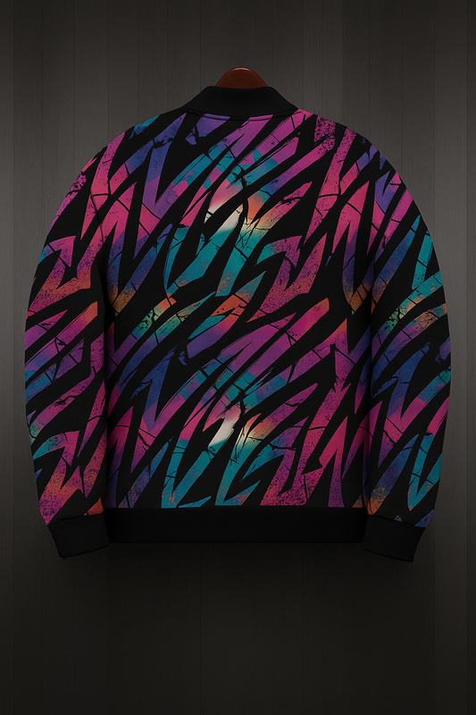 Neon Gradient Scratch-Pattern Bomber Jacket – Vibrant Abstract Streetwear Unisex Zip-Up