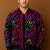 Neon Gradient Scratch-Pattern Bomber Jacket – Vibrant Abstract Streetwear Unisex Zip-Up