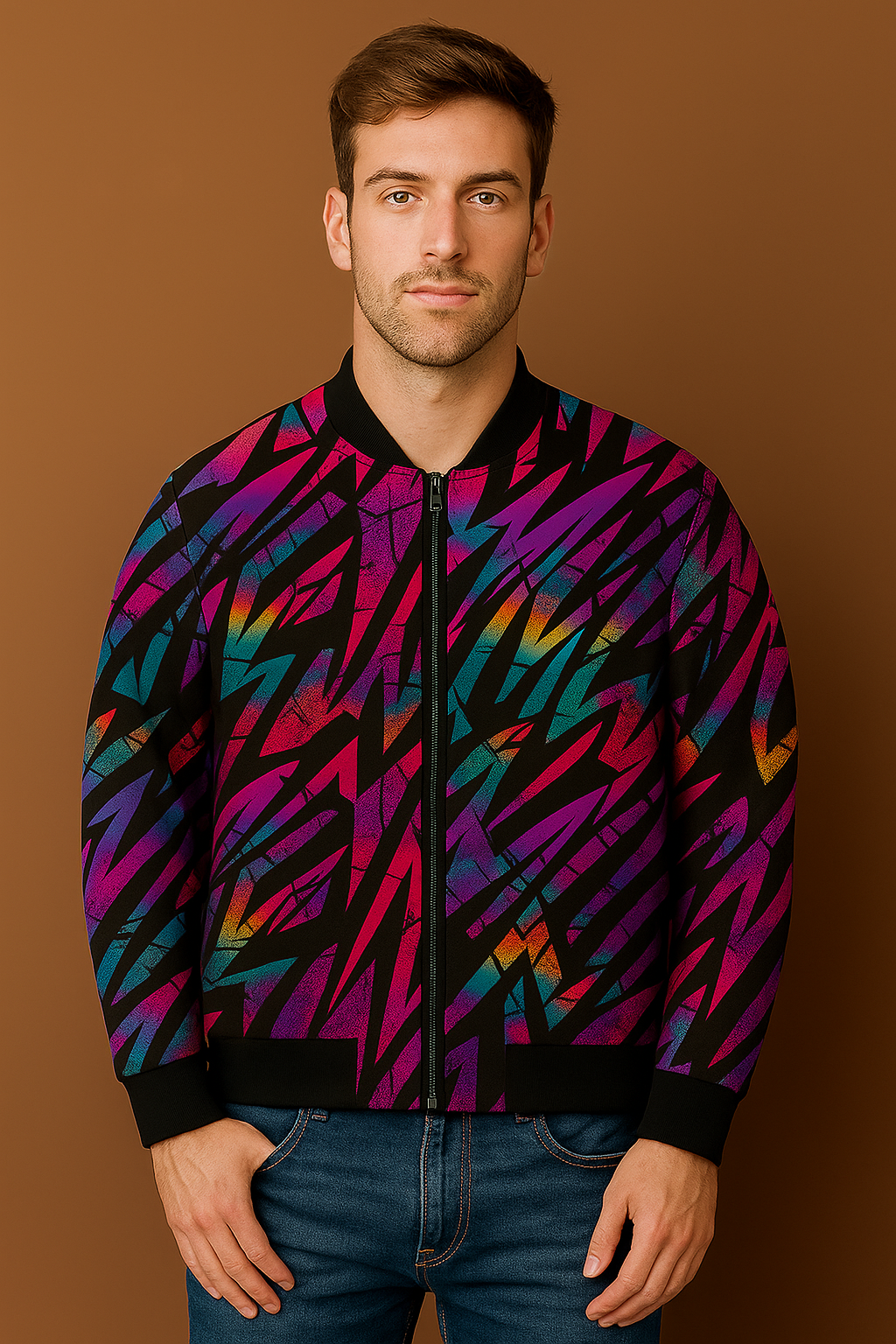 Neon Gradient Scratch-Pattern Bomber Jacket – Vibrant Abstract Streetwear Unisex Zip-Up