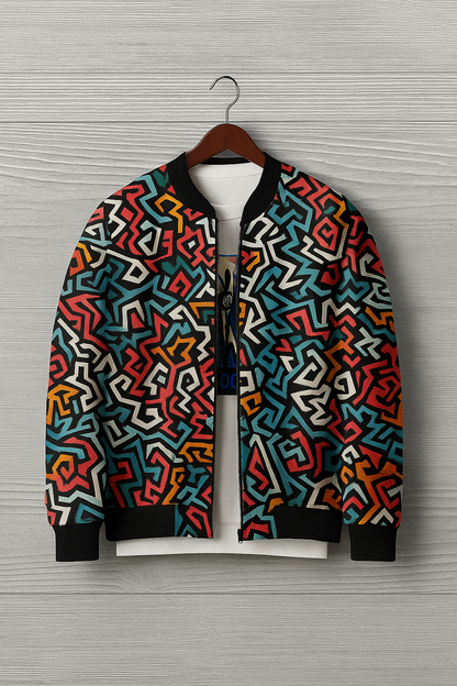 Geometric Multicolor Maze Bomber Jacket – Abstract Street Art Pattern | Unisex Zip-Up Jacket