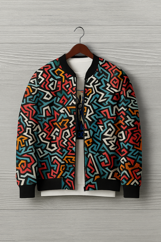 Geometric Multicolor Maze Bomber Jacket – Abstract Street Art Pattern | Unisex Zip-Up Jacket