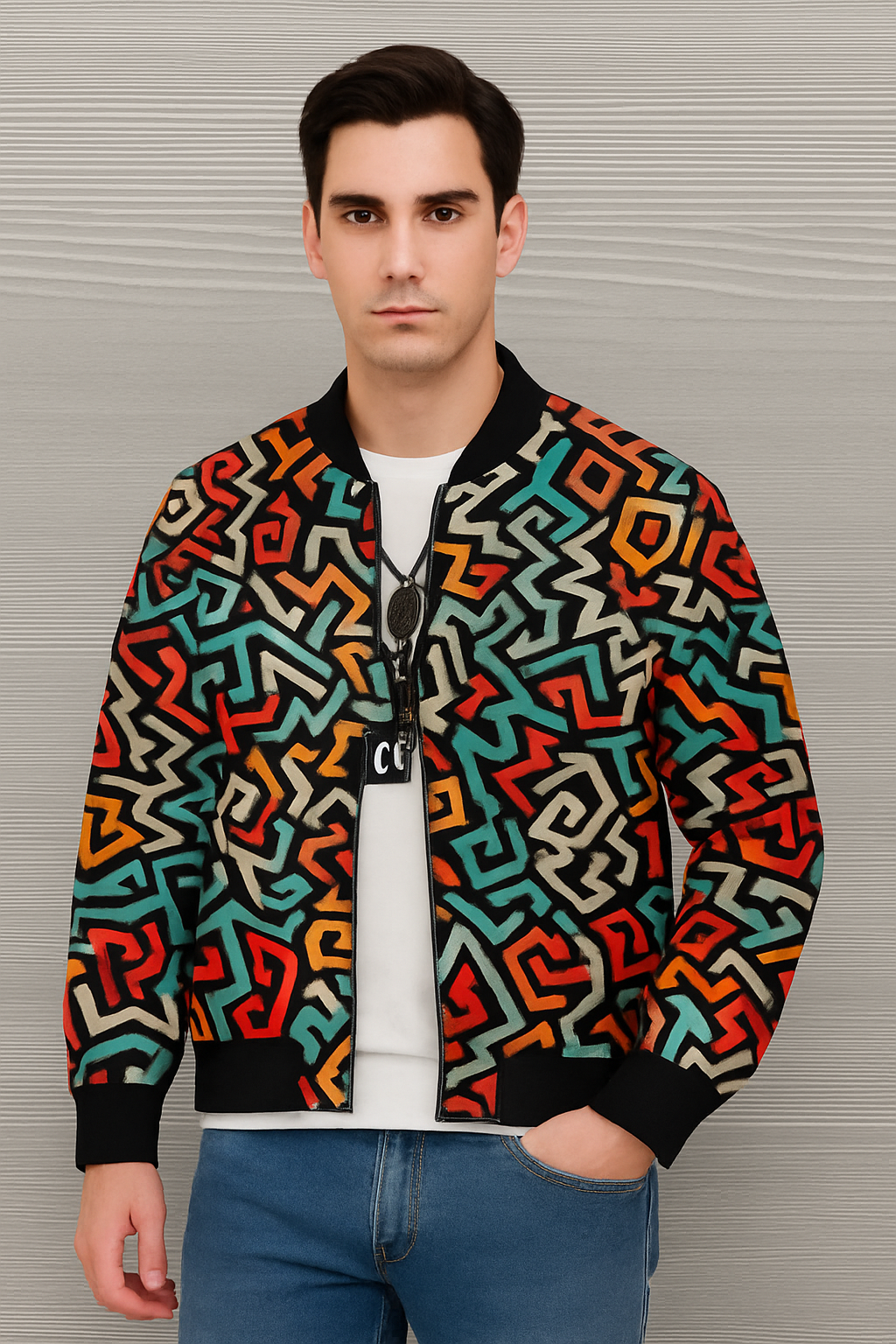 Geometric Multicolor Maze Bomber Jacket – Abstract Street Art Pattern | Unisex Zip-Up Jacket