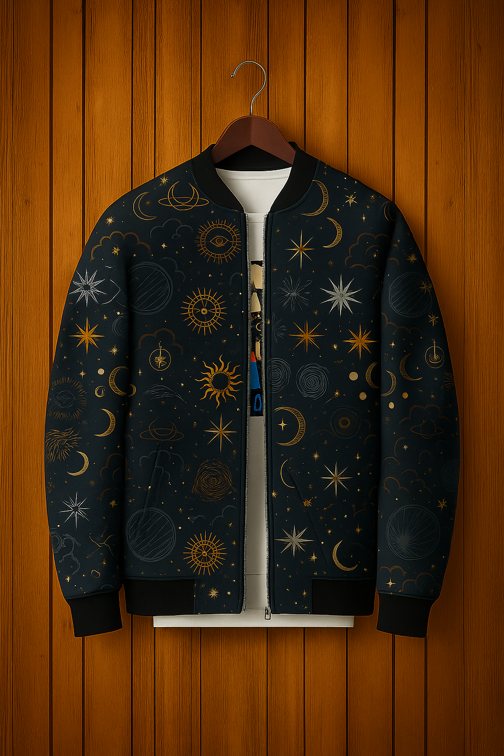 Mystic Celestial Bomber Jacket – Black & Gold Cosmic Print Outerwear for Men & Women | Sun, Moon & Stars Astrology Jacket