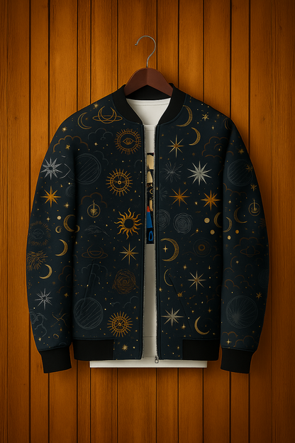 Mystic Celestial Bomber Jacket – Black & Gold Cosmic Print Outerwear for Men & Women | Sun, Moon & Stars Astrology Jacket