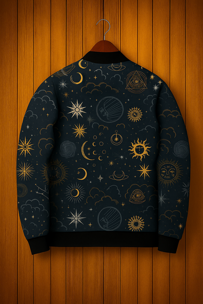 Mystic Celestial Bomber Jacket – Black & Gold Cosmic Print Outerwear for Men & Women | Sun, Moon & Stars Astrology Jacket