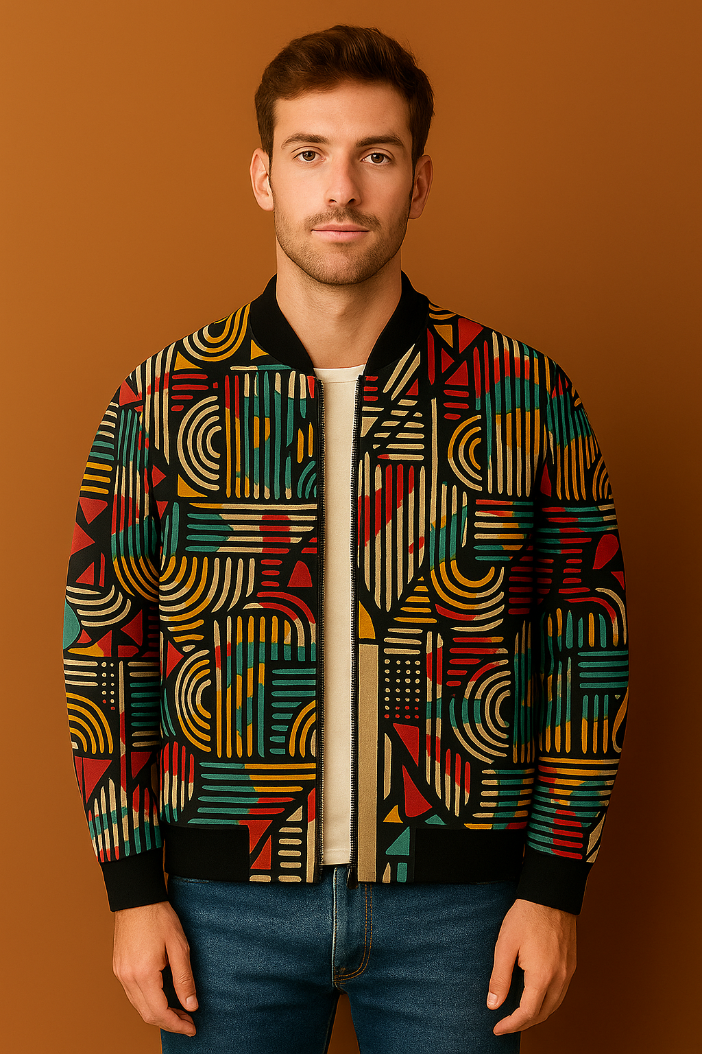Geometric Multicolor Maze Bomber Jacket – Abstract Street Art Pattern | Unisex Zip-Up Jacket