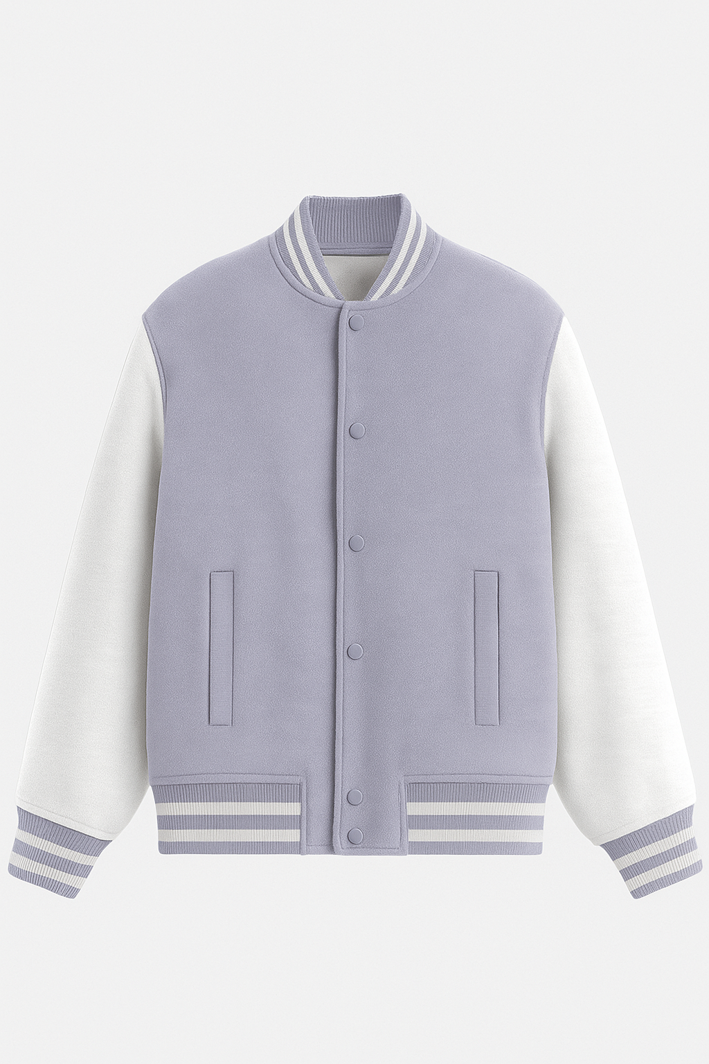 Lavender & White Varsity Letterman Jacket – Soft Pastel Retro Bomber | Unisex Collegiate Streetwear Jacket