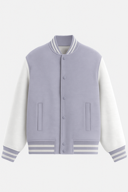 Lavender & White Varsity Letterman Jacket – Soft Pastel Retro Bomber | Unisex Collegiate Streetwear Jacket