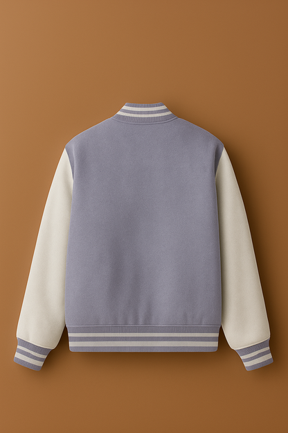 Lavender & White Varsity Letterman Jacket – Soft Pastel Retro Bomber | Unisex Collegiate Streetwear Jacket