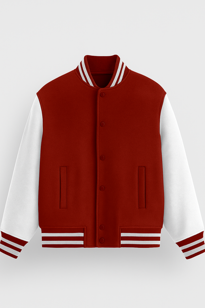 Red & White Varsity Letterman Jacket – Classic Retro Baseball Bomber | Unisex Streetwear Jacket