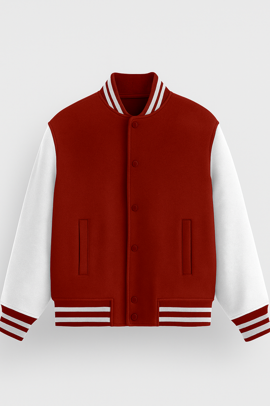 Red & White Varsity Letterman Jacket – Classic Retro Baseball Bomber | Unisex Streetwear Jacket