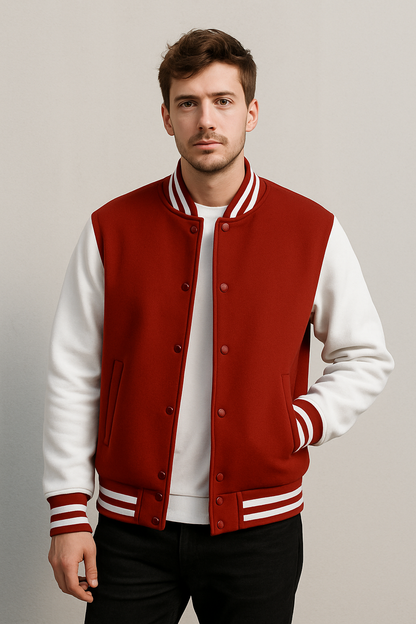 Red & White Varsity Letterman Jacket – Classic Retro Baseball Bomber | Unisex Streetwear Jacket