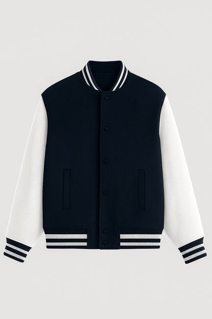 Classic Navy & White Varsity Jacket – Premium Letterman-Style Unisex Bomber | Retro Collegiate Outerwear