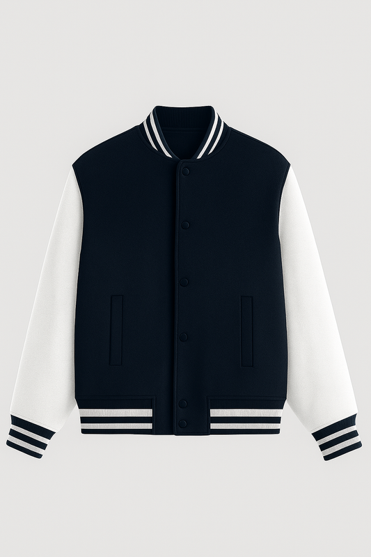 Classic Navy & White Varsity Jacket – Premium Letterman-Style Unisex Bomber | Retro Collegiate Outerwear
